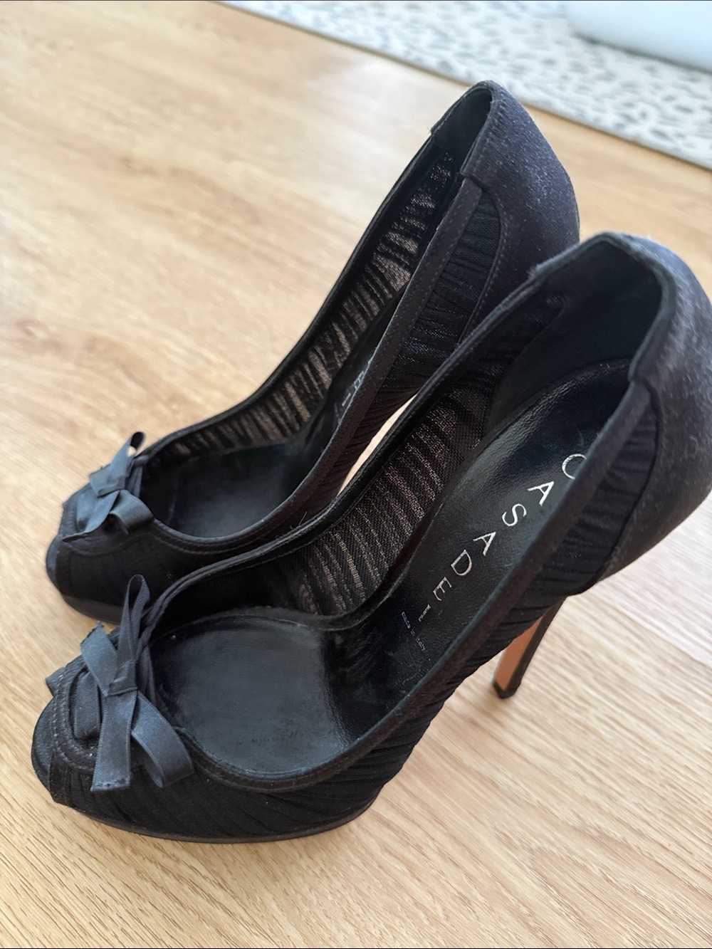 Casadei Black Satin Peep-Toe Pumps with Bow